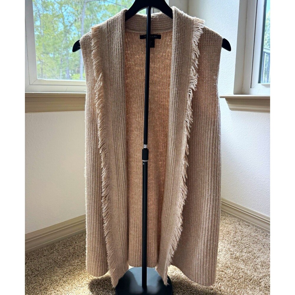 Tahari Beige Solid Knit Sleeveless Open-Front Fringe Cardigan Sweater S